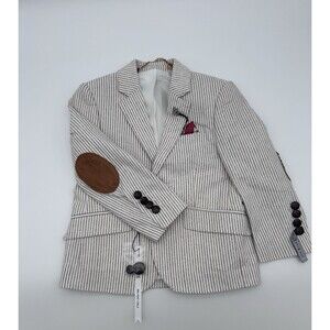Elie Balleh Toddler Boys 2/3 Cream Grey Pinstripe Blazer Sport Coat Elbow Patch